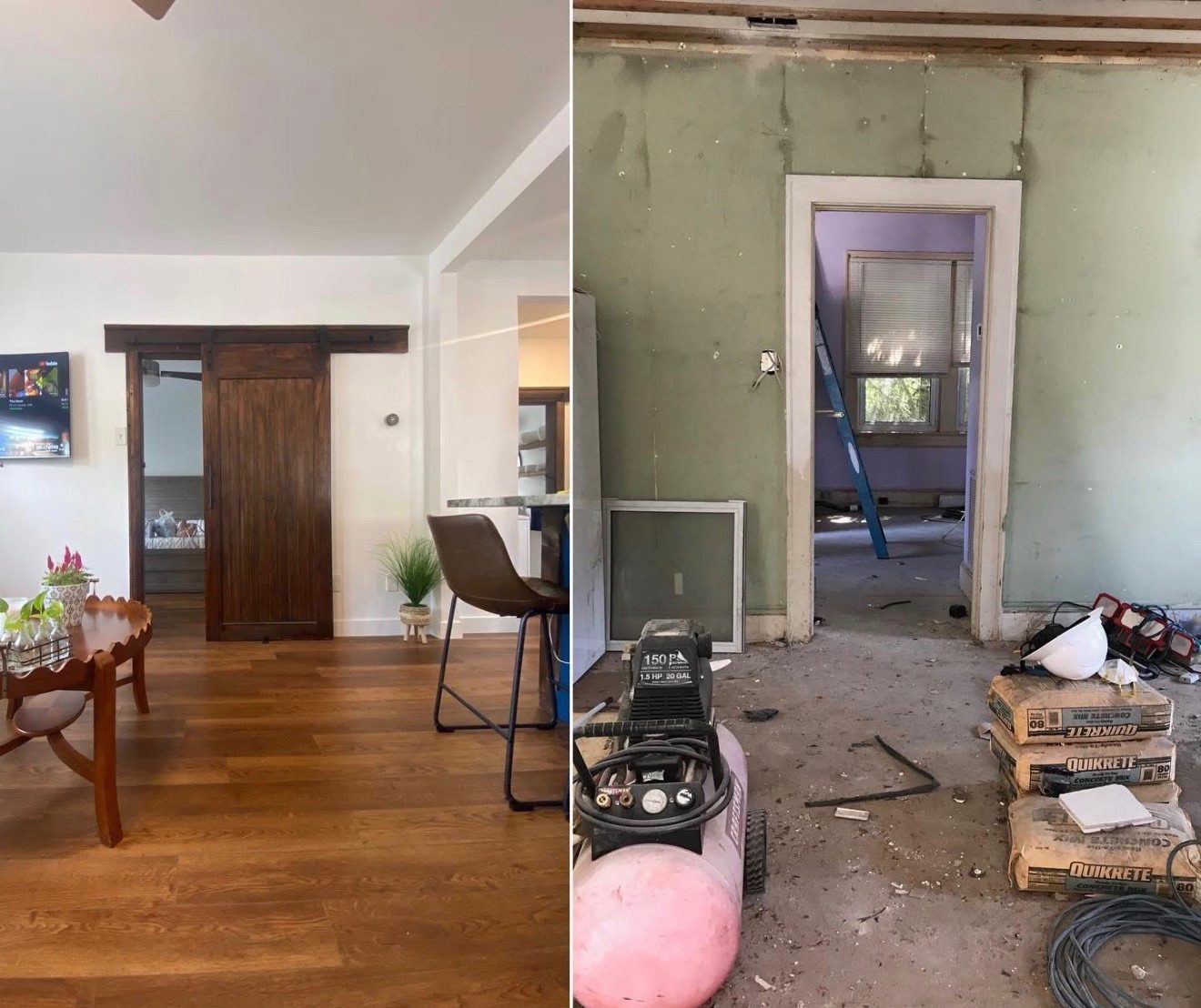 Living area before and after remodel, side by side